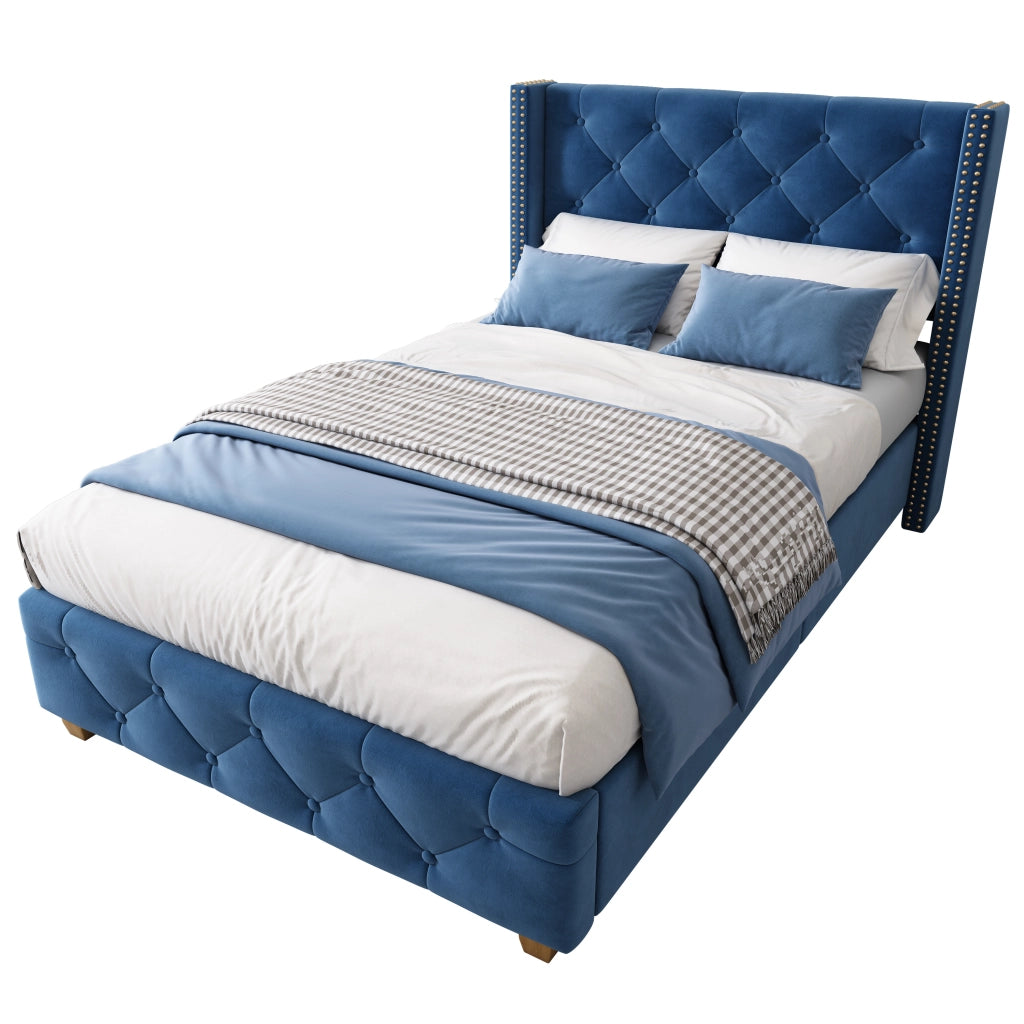 OKWISH Letto Bambino 90×200 cm, Letto Singolo con Testiera Imbottita, Borchie Decorative e Piedini in Legno, senza Materasso, Velluto, Blu