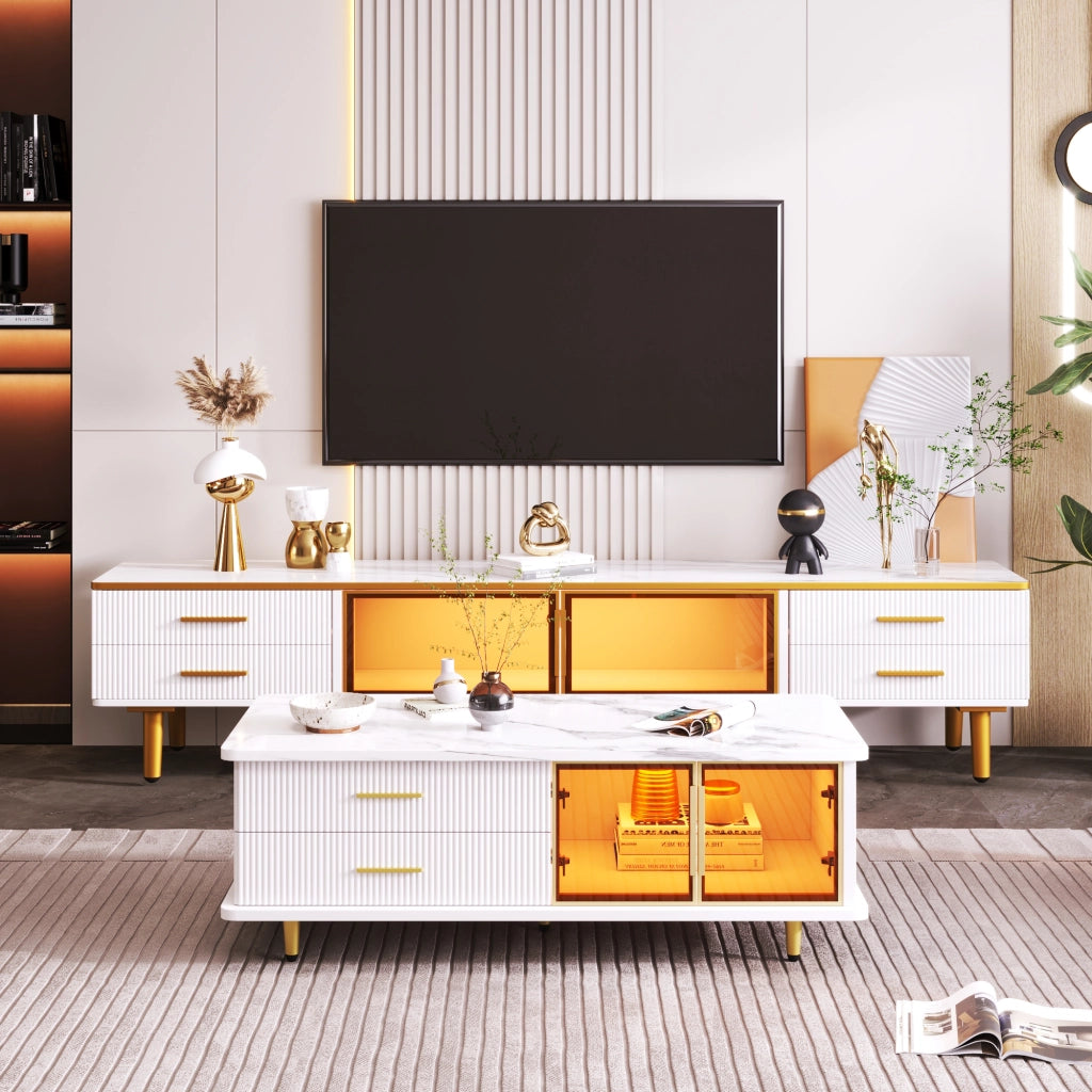 OKWISH Set 2 Pezzi Mobile TV e Tavolino da Salotto, con LED, Cassetti e Ante, Pannello di Particelle Bianco