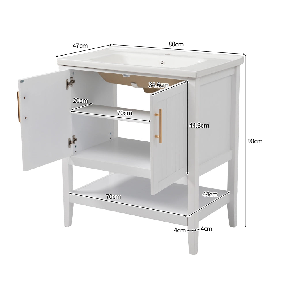 LAVABO DA BAGNO con mobiletto, ceramica bianca e MDF, Set 2 pezzi