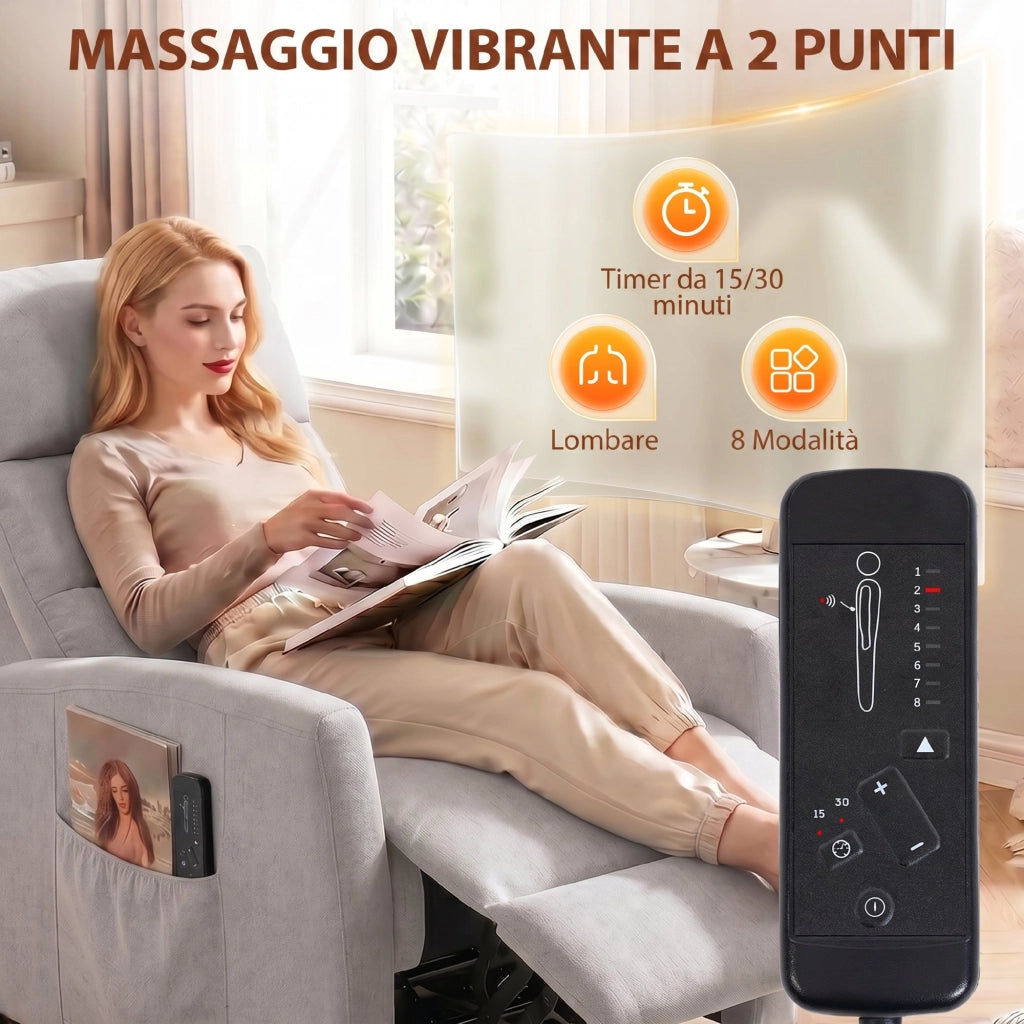 Poltrona Massaggiante e Reclinabile a 160° con Poggiapiedi e Telecomando, 66x91x108 cm, in Ciniglia Grigio Chiaro