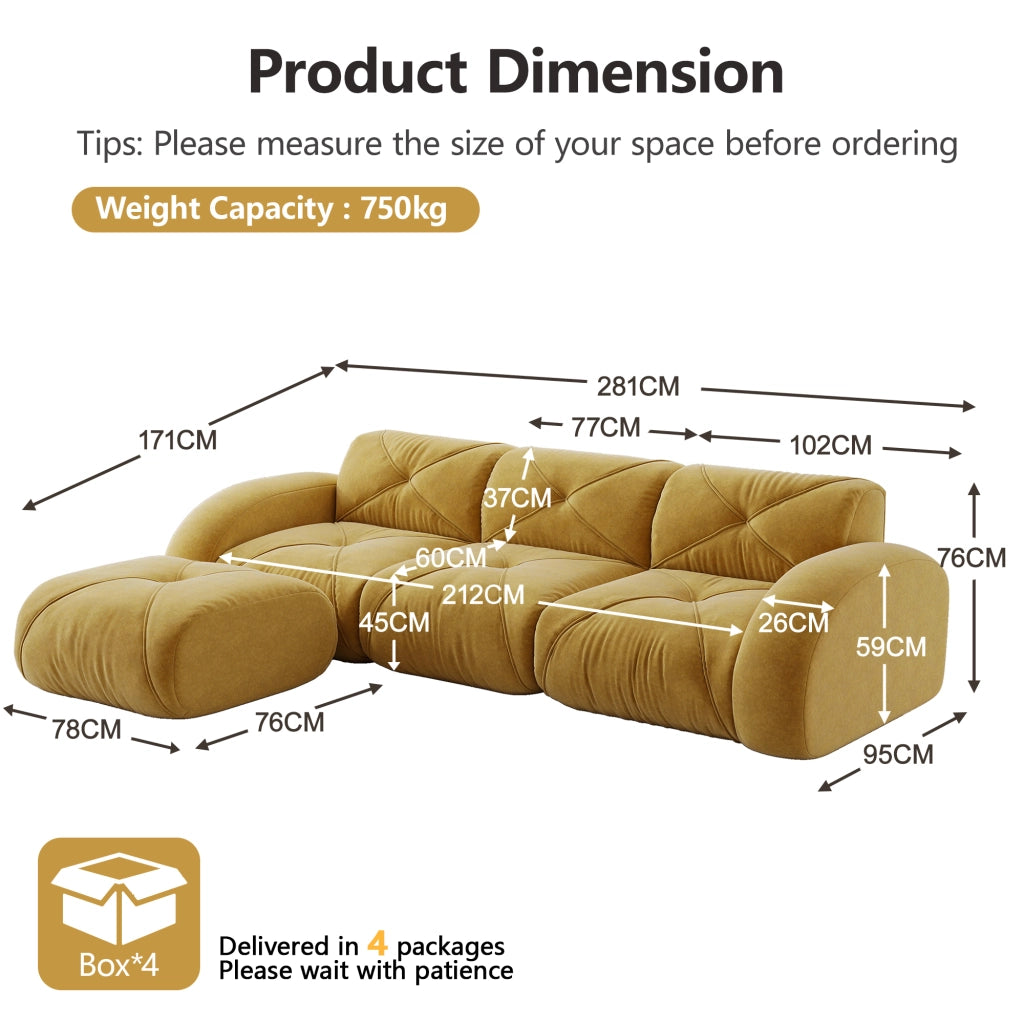 Divano modulare a L con pouf - in chenille con schiuma 32D e base antiscivolo - giallo