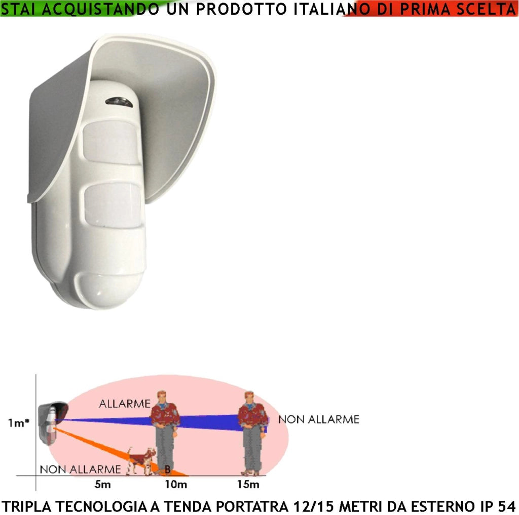 Sensore Antifurto Tripla Tecnologia da Esterno Portata 15 Metri Grandangolo Oppure a Tenda Regolabile da 5 a 15 Metri Alimentazione 12 V Via Filo Con Snodo Orientab Sensori 2 Pir 1 Microonda AND OR