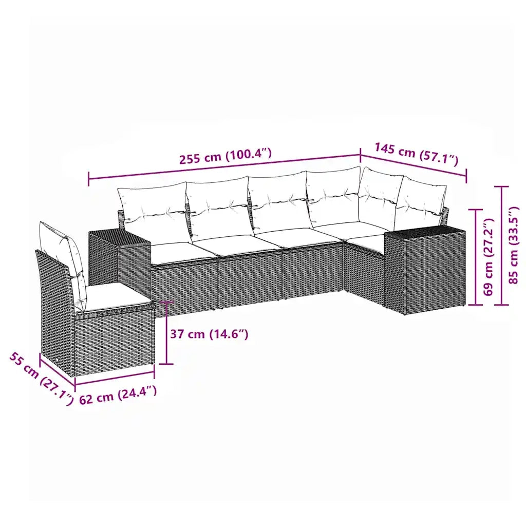 Set Divano da Giardino 6 pz con Cuscini Nero in Polyrattan
