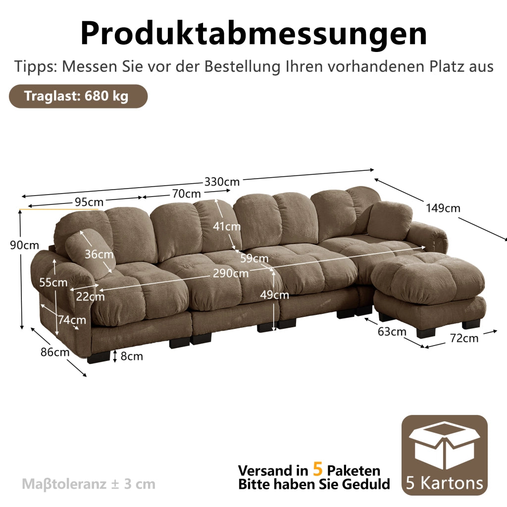 Divano angolare modulare 4 posti con pouf mobile, Chenille, Marrone