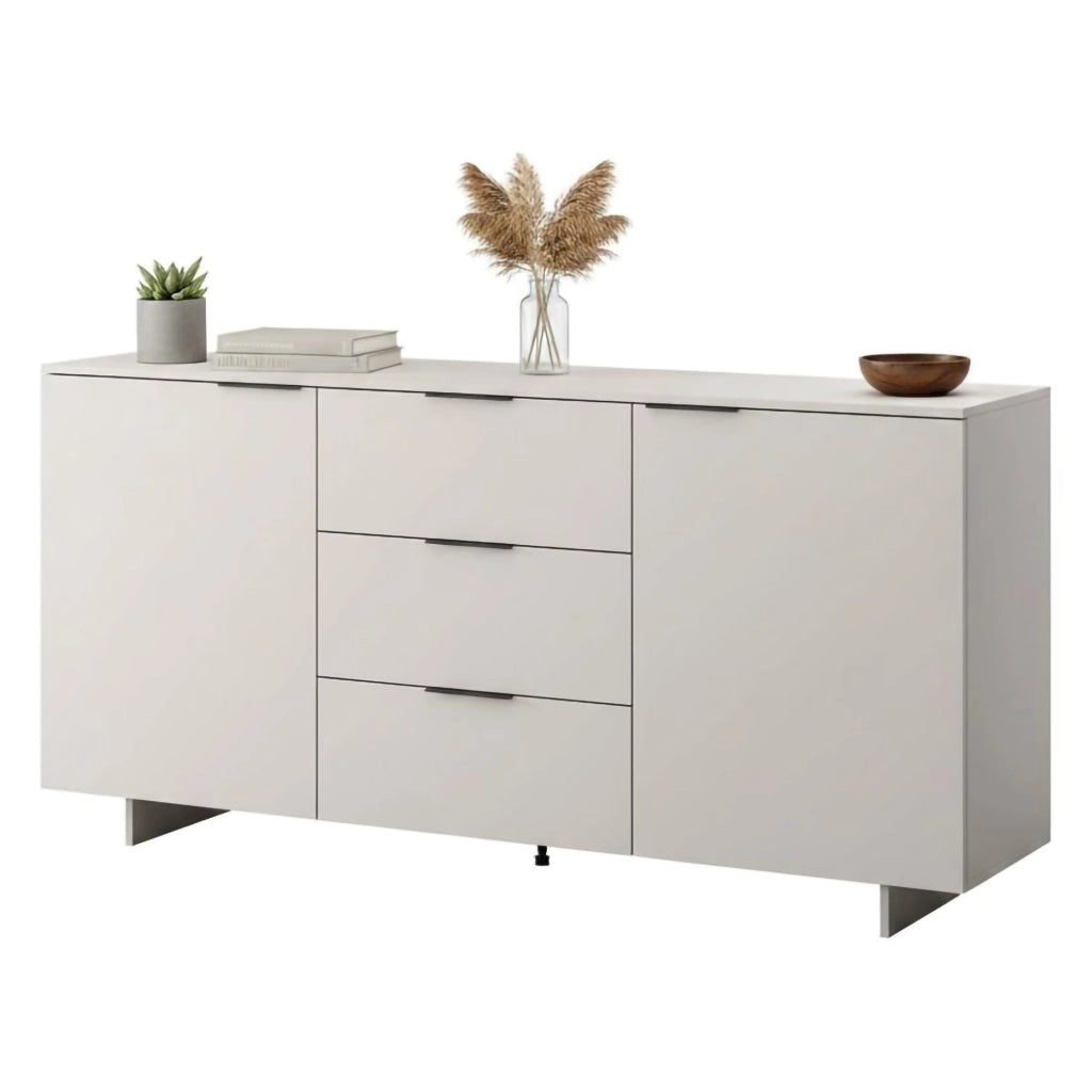 Credenza Neive, Madia da salotto con due ante battenti e tre cassetti, Rialzato da terra, 180x42 h90 cm, Beige