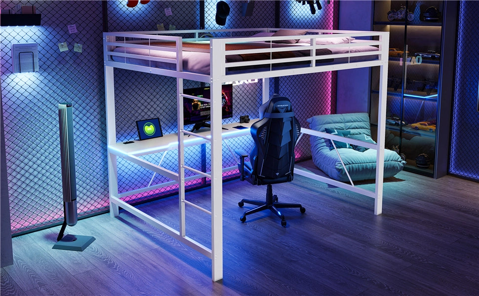 DESMIU Letto a soppalco 160 × 200 cm 2 posti con scrivania, LED e ripiani, senza materasso, in metallo, bianco