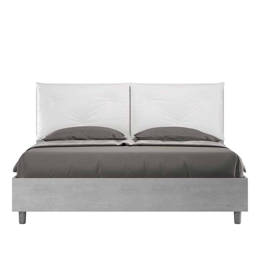 BS COM Letto matrimoniale contenitore 160x200 Cemento cuscini similpelle bianco