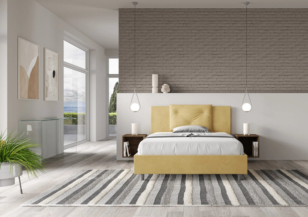 BS COM Letto queen size con rete imbottito 150x210 microfibra ocra