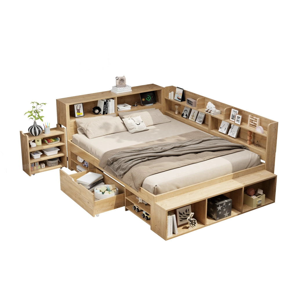 Letto Singolo 140x200 cm con Cassetti; Mensole e Contenitori - in Multistrato - Naturale