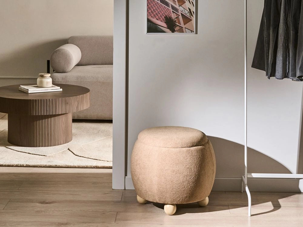Pouf marrone chiaro rivestito in bouclé con contenitore Accessorio Soggiorno Camera da letto