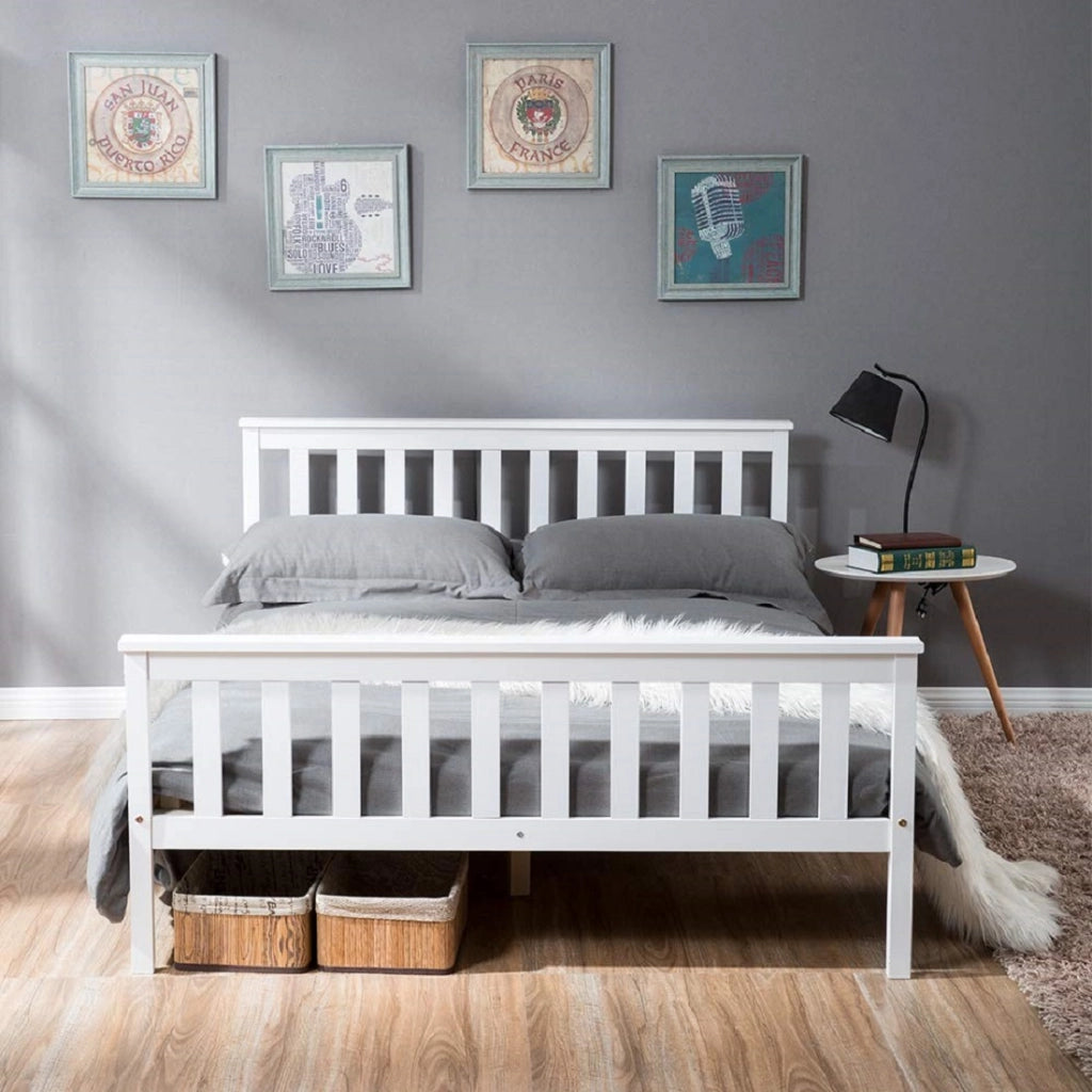 Letto matrimoniale, letto in legno 140 x 200 cm, letto in legno massello con rete a doghe, letto in pino per adulti, bambini, ragazzi, bianco