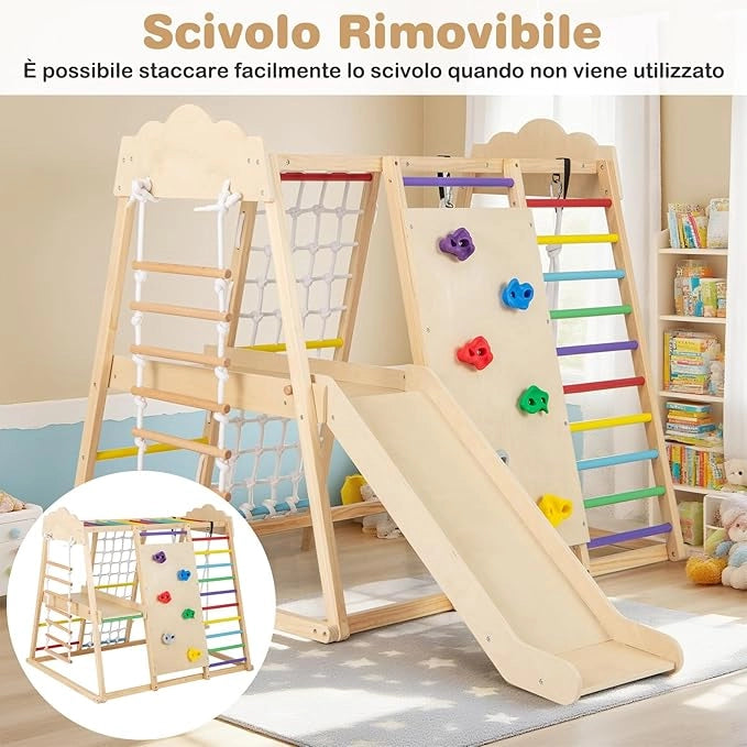 8 in 1 Set da Arrampicata per Bambini, Palestra in Legno da Interno con Sbarre Scivolo Altalena Scala in Corda e Roccia/Rete da Arrampicata, per Bambini 3 Anni+ (Colorato)