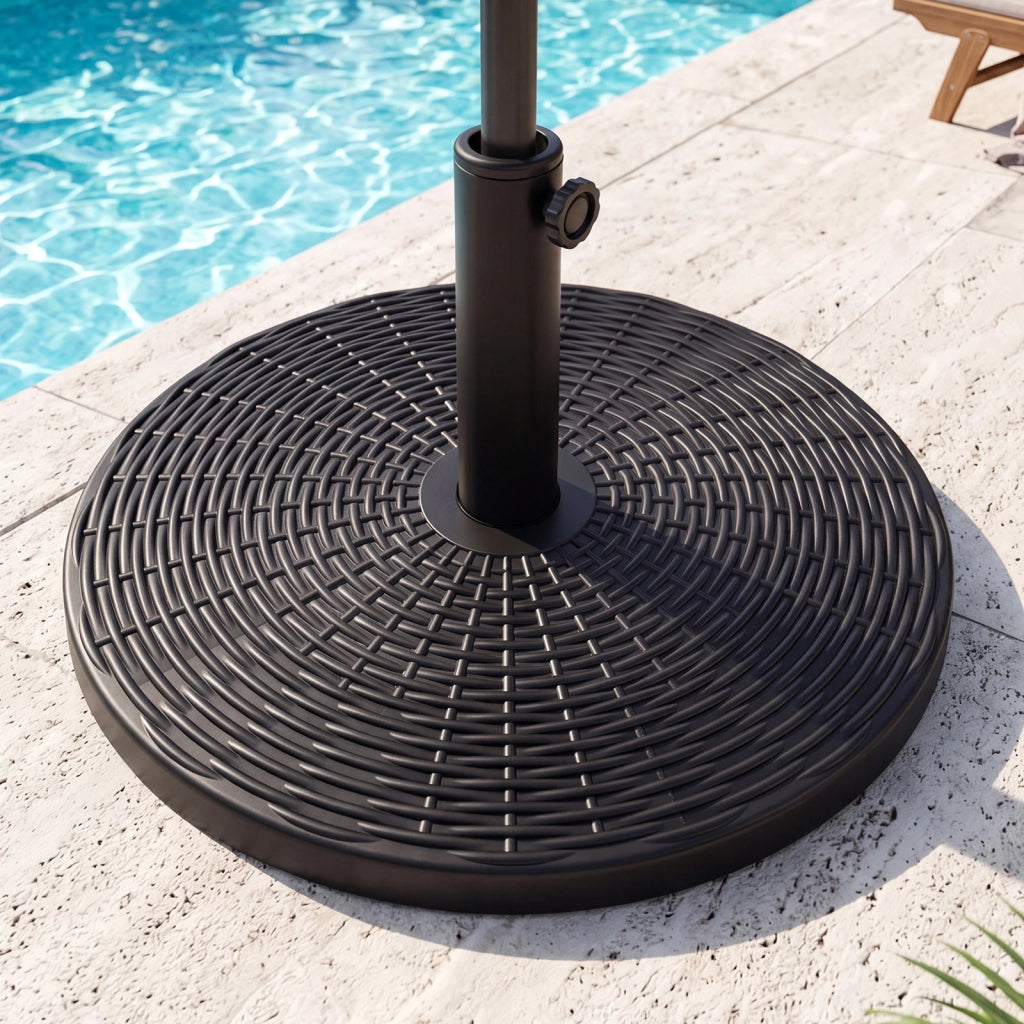 Base ombrellone da giardino in cemento con effetto rattan e manopola regolabile, Supporto rotondo per pali 38-48 mm