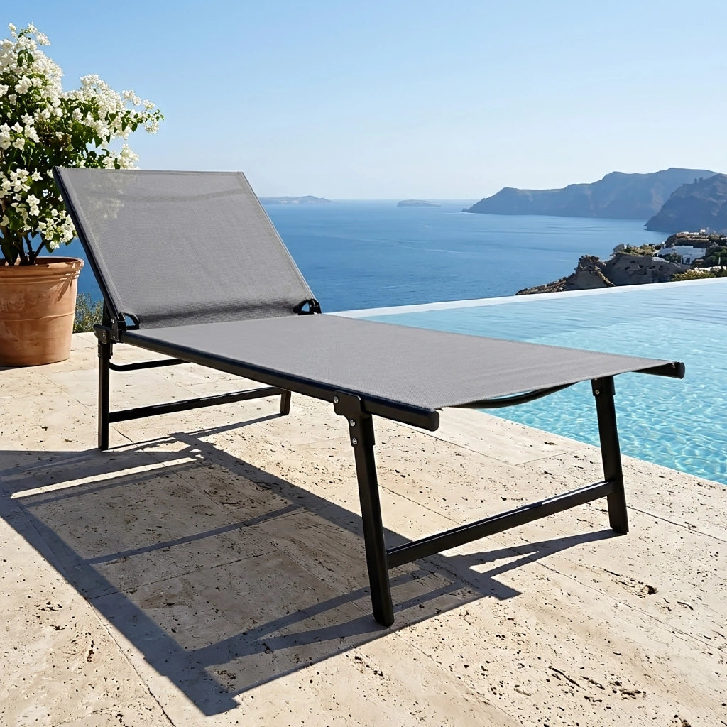 Lettino Prendisole Pieghevole Professionale in Acciaio e Textilene 182x63 cm – Schienale Regolabile 5 Posizioni, Struttura Robusta, Ideale per Giardino, Piscina e Relax Grigio