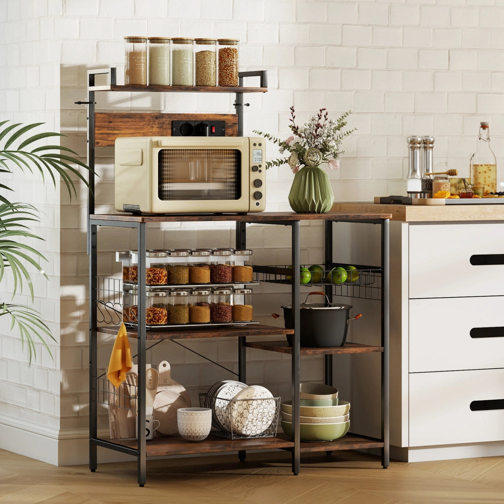 Scaffale da cucina con 2 prese, 5 ganci, 5 ripiani, cestino ¨C Xylo ¨C metallo nero 90x42x130cm