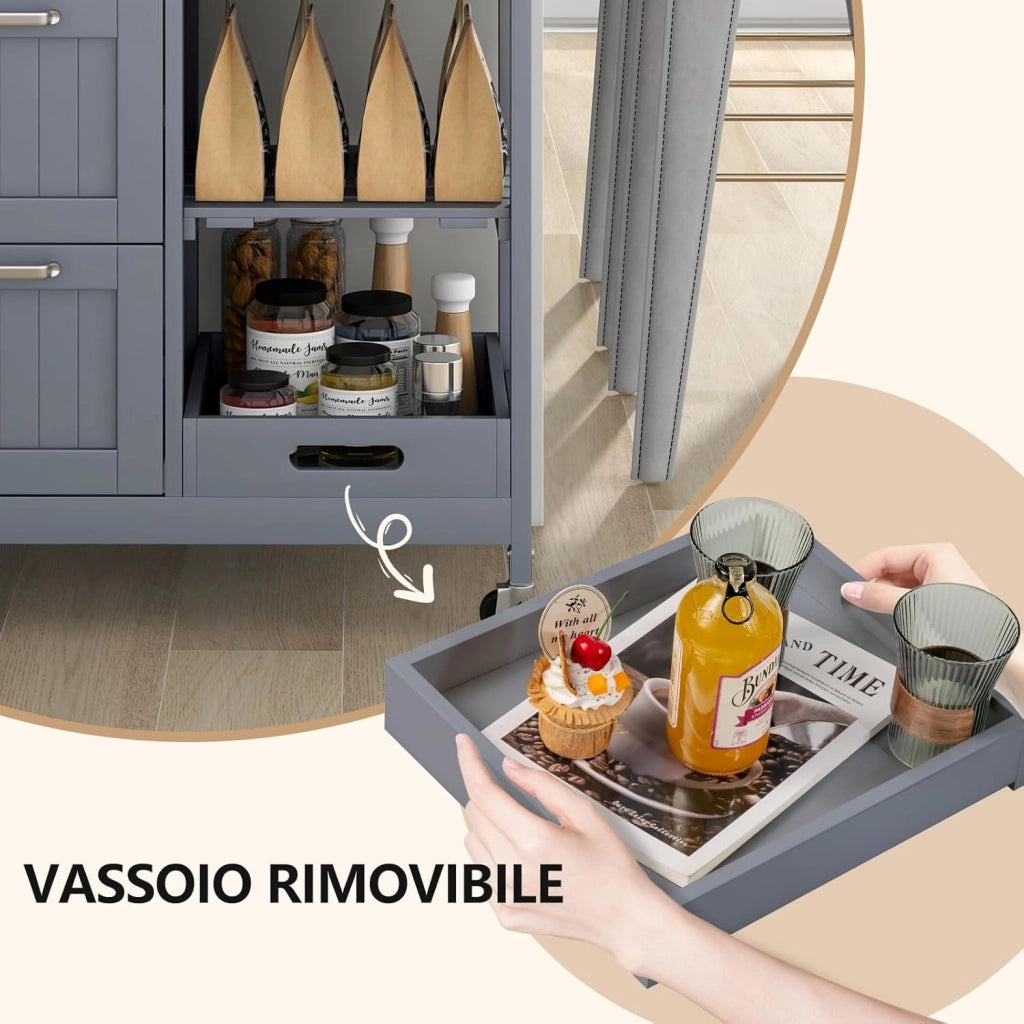 Carrello da Cucina con Ruote, Credenza Cucina con 4 Ripiani e 3 Cassetti, in Legno, Ideale per Cucina Ristorante e Bar, 67 x 37 x 83,5 cm (Grigio)