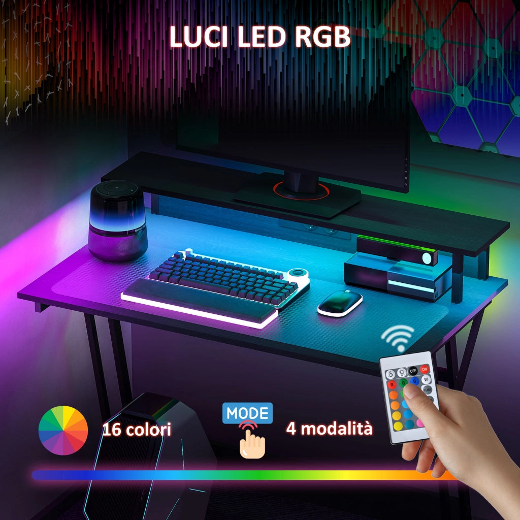 Scrivania Gaming con Supporto Monitor e Luci LED ¨C Minimal ¨C Nero, Truciolato e Acciaio, 100x60x88.5 cm