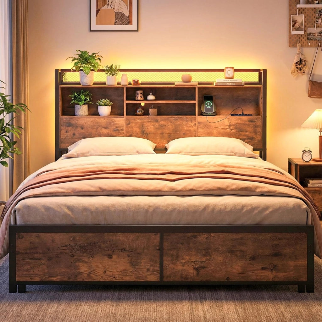 Struttura Letto con Testiera Contenitore, Letto a Piattaforma in Metallo con Stazione di Ricarica 3 Ripiani, Silenzioso, Carico Massimo 300kg (160 x 200 cm Stile 2)