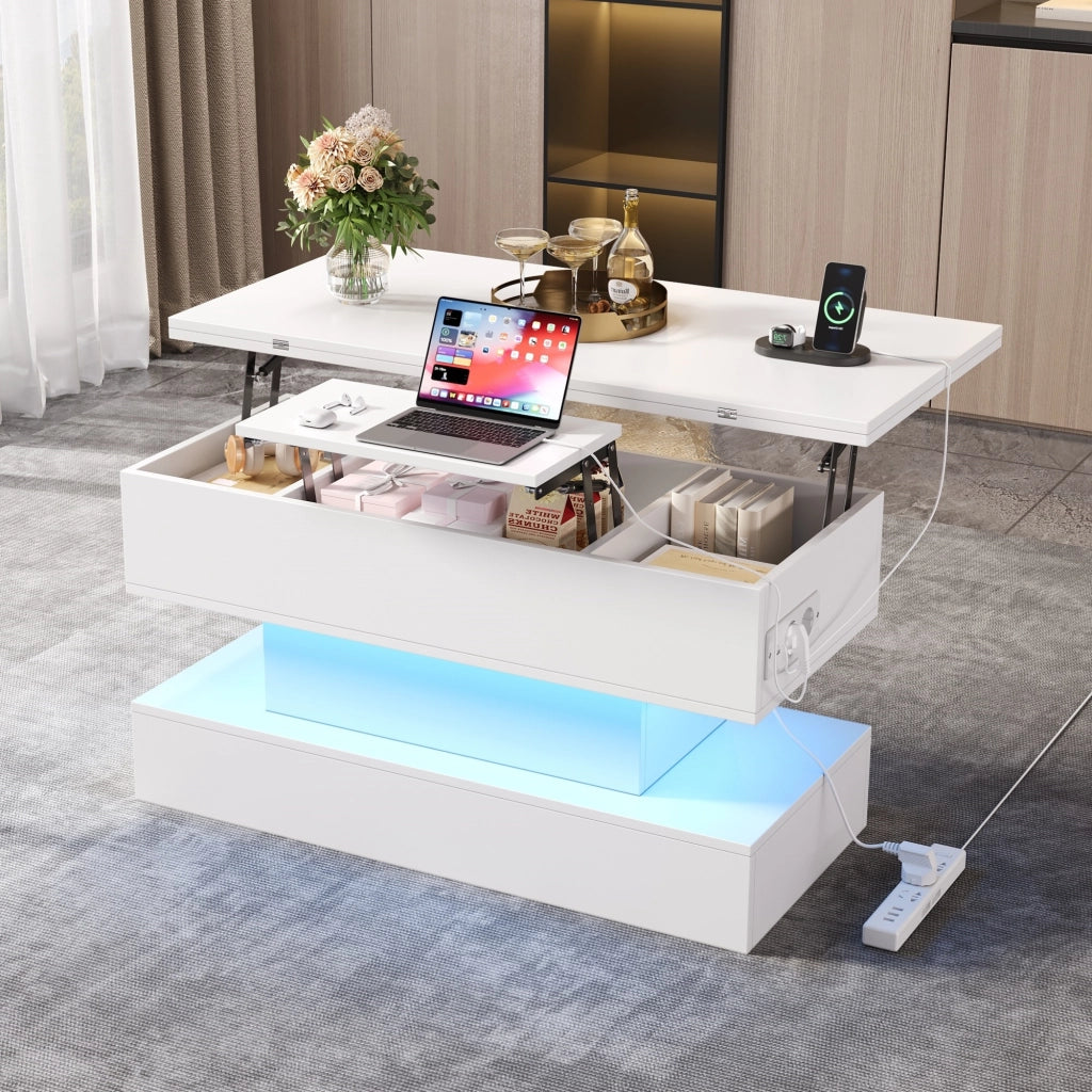 Tavolino da caffè alzabile con LED e vano contenitore - per soggiorno - in truciolare - 100x50x51.5 cm - bianco