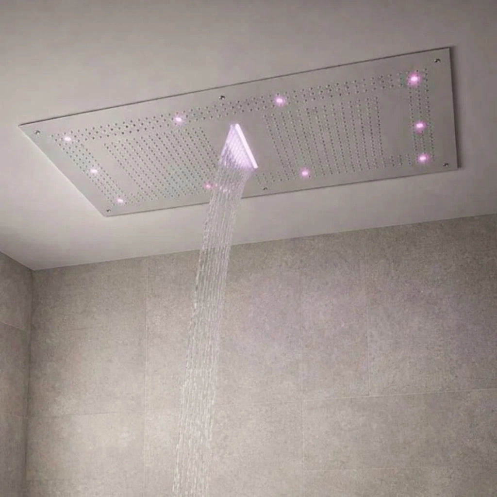 Soffione doccia led a soffitto installazione da incasso con cascata acciaio inox rettangolare