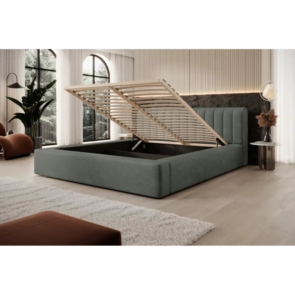 Letto contenitore CERVIN – Velluto morbido Salvia Notturna – 140x200 cm – Rete sollevabile – Design elegante