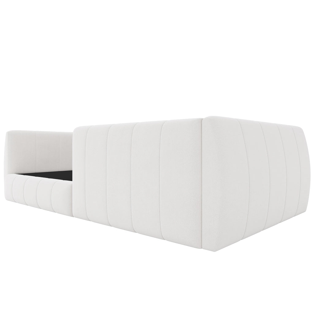 Letto singolo imbottito 90×200 cm con testiera e barriera di sicurezza; senza materasso; MDF e velluto; beige
