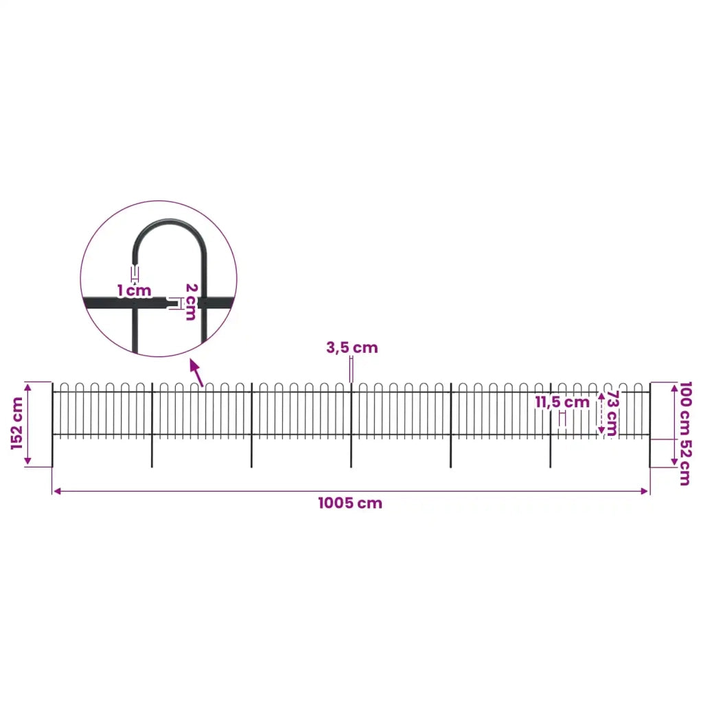 Recinzione da Giardino con Parte Superiore ad Anello in Acciaio 1005x100 cm Nero 277661