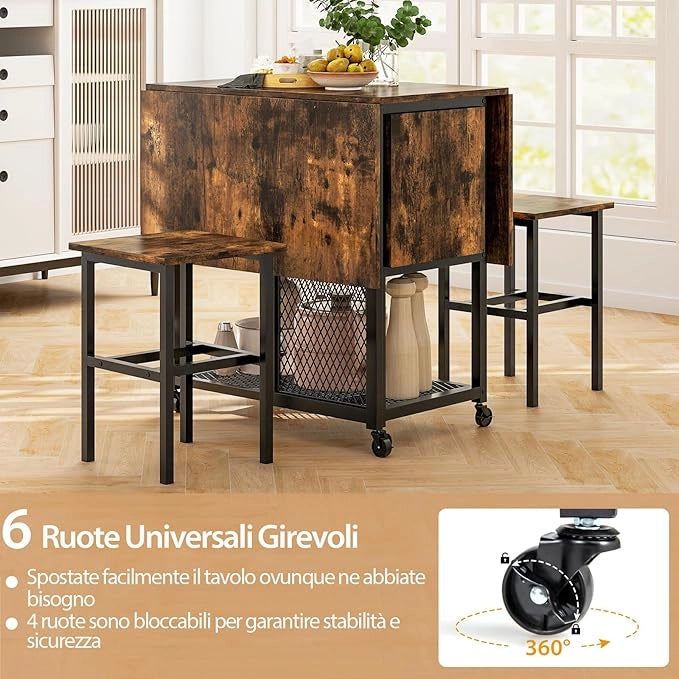 Set Tavolo da Pranzo Pieghevole 3 Pezzi, Tavolo da Pranzo Estendibile con 2 Sgabelli, con Ruote Bloccabili, 2 Ripiani di Archiviazione a Rete, Set da Pranzo per Soggiorno, Sala da pranzo
