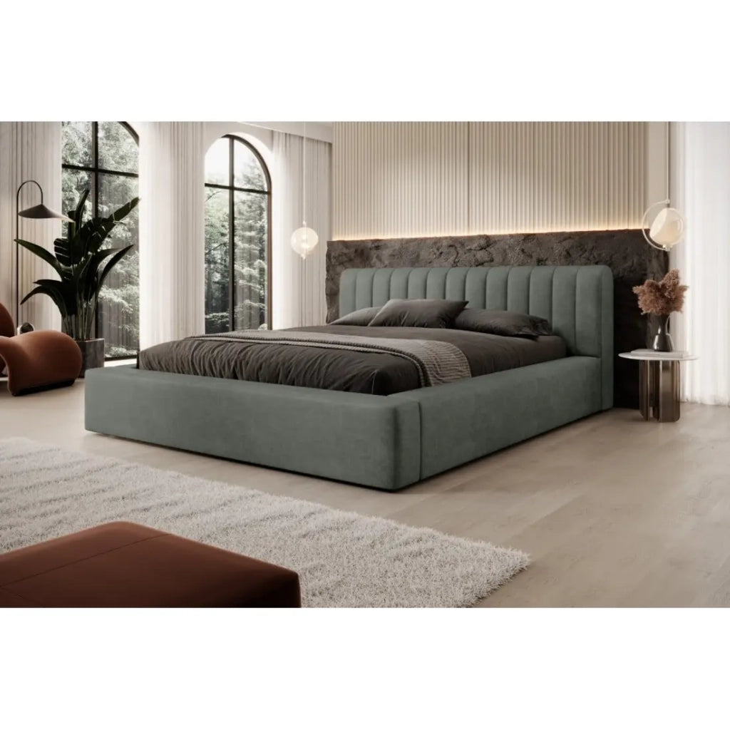 Letto contenitore CERVIN – Velluto morbido Salvia Notturna – 140x200 cm – Rete sollevabile – Design elegante