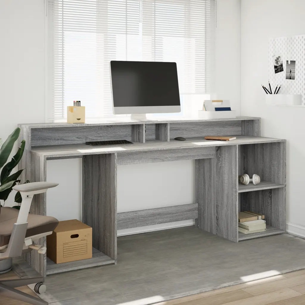 Scrivania | Tavolo da Ufficio con Luci LED Grigio Sonoma 200x55x91cm in Truciolato