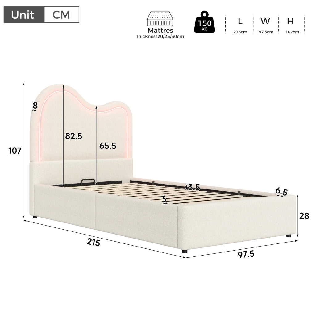 letto imbottito bouclé bianco 90 x 200 cm