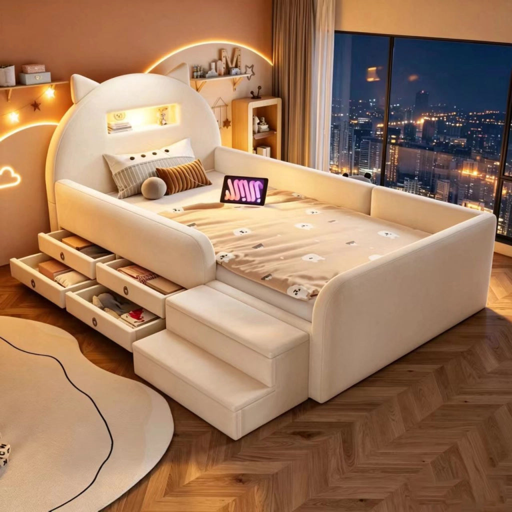 LETTO imbottito 90x200 cm con testiera a orecchie, velluto beige