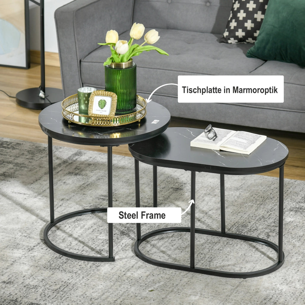 Set 2 tavolini da caff¨¨ ovali e rotondi, stapelbar, effetto marmo ¨C zephmum ¨C nero, MDF, metallo, ?50x50.5H