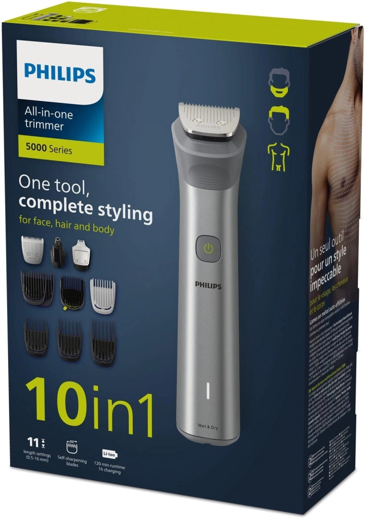 Philips MG5920-15 Serie 5000 Regolabarba Multigroom 10 in 1 Viso Capelli Corpo lame autoaffilanti autonomia 120 min colore Acciaio inox