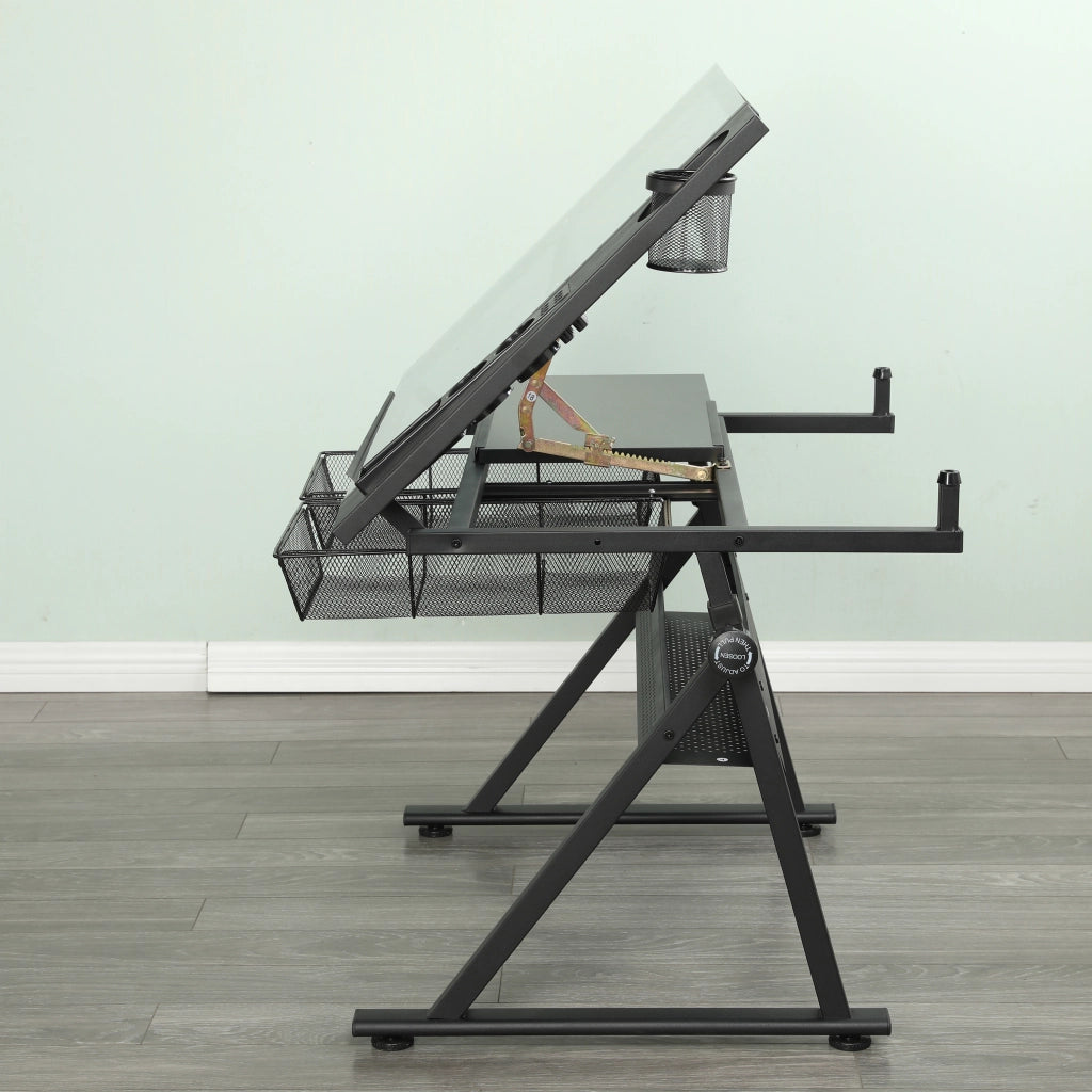 Scrivania lineare inclinabile con piano in vetro temperato, cassetti metallici e sgabello, nera, 101 × 72 × 17 cm