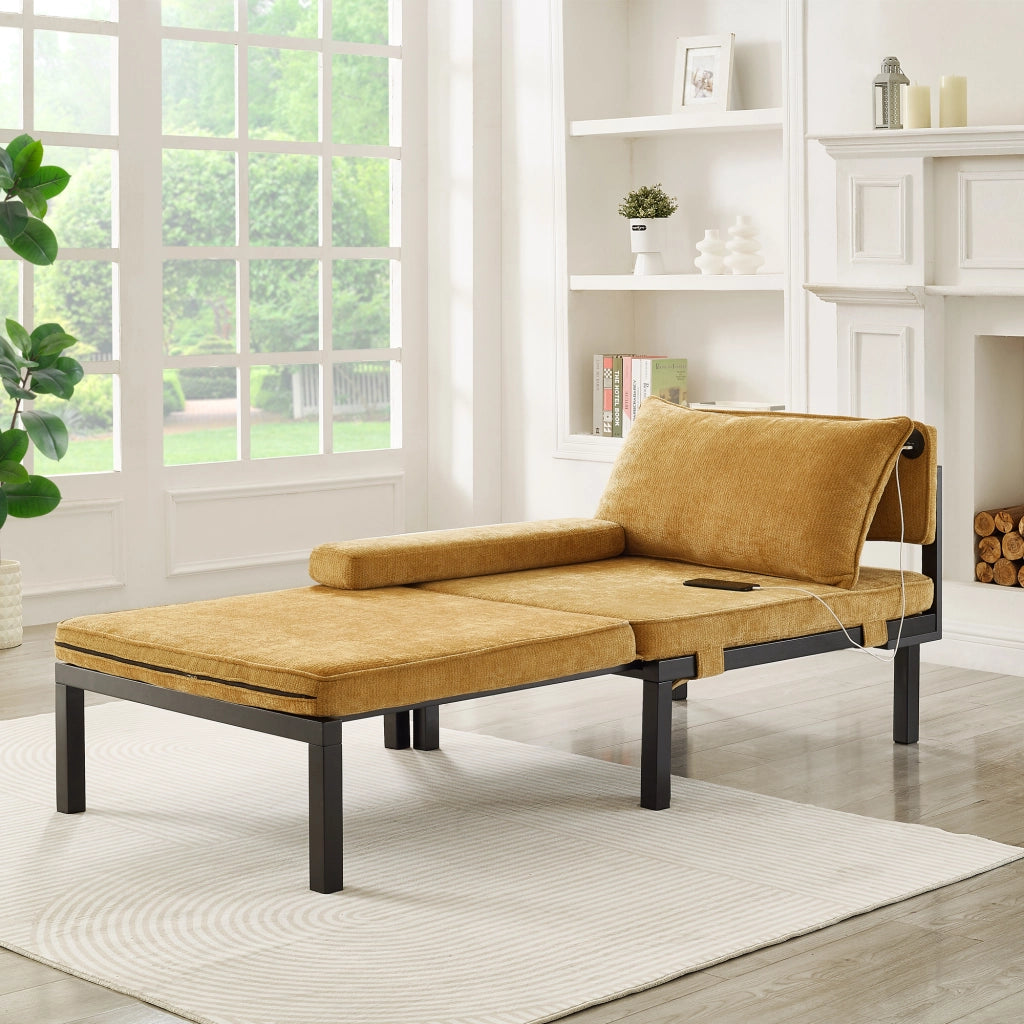 Letto pieghevole singolo trasformabile da poltrona con USB e Type-C; senza materasso; velluto; giallo