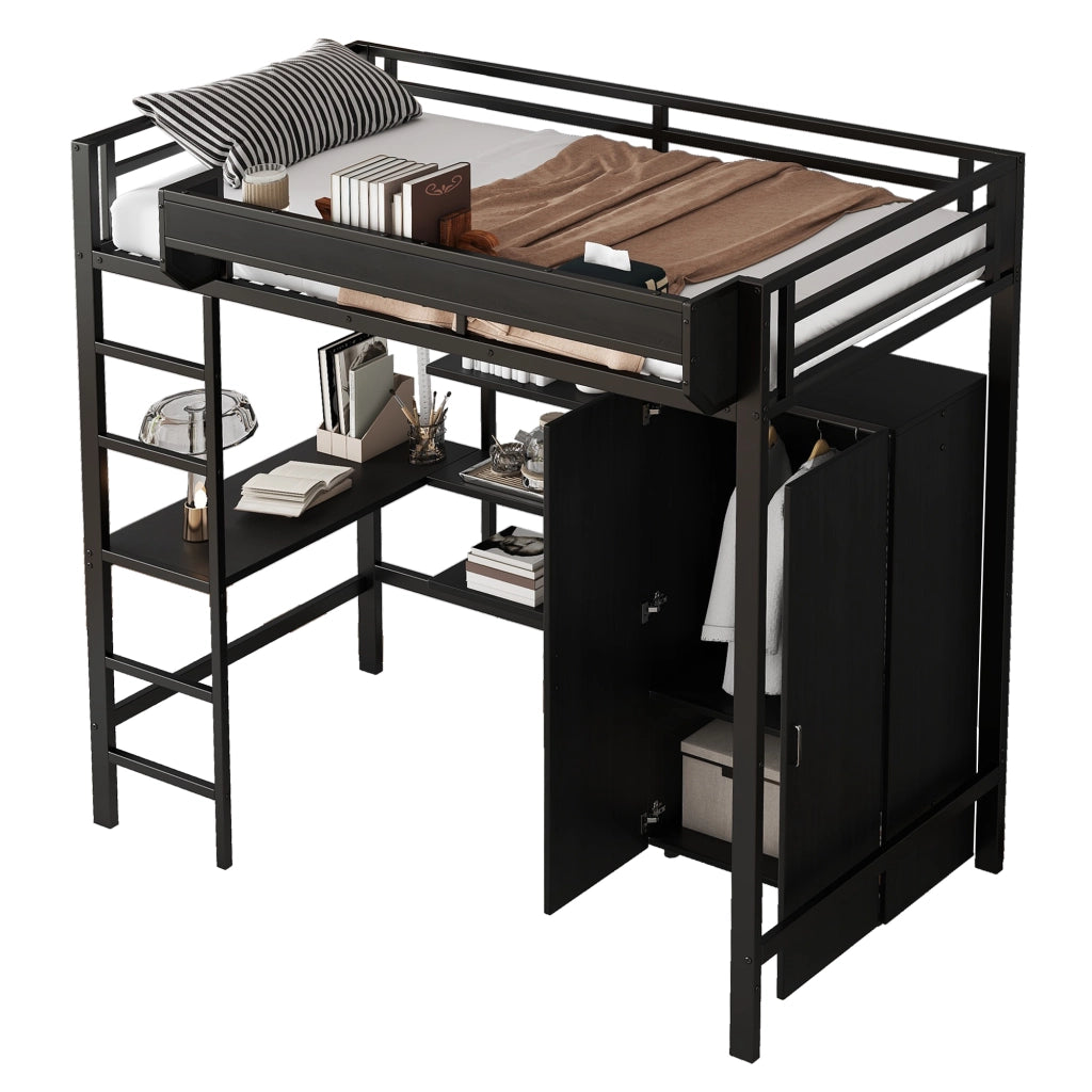 Letto a castello in metallo e legno nero 90x200 cm con tavolo, armadio e scala a 5 gradini