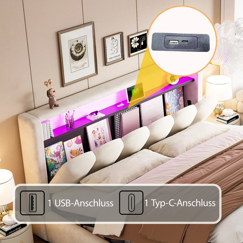 LETTO 180x200 cm in velluto beige con LED, USB-C e vano contenitore