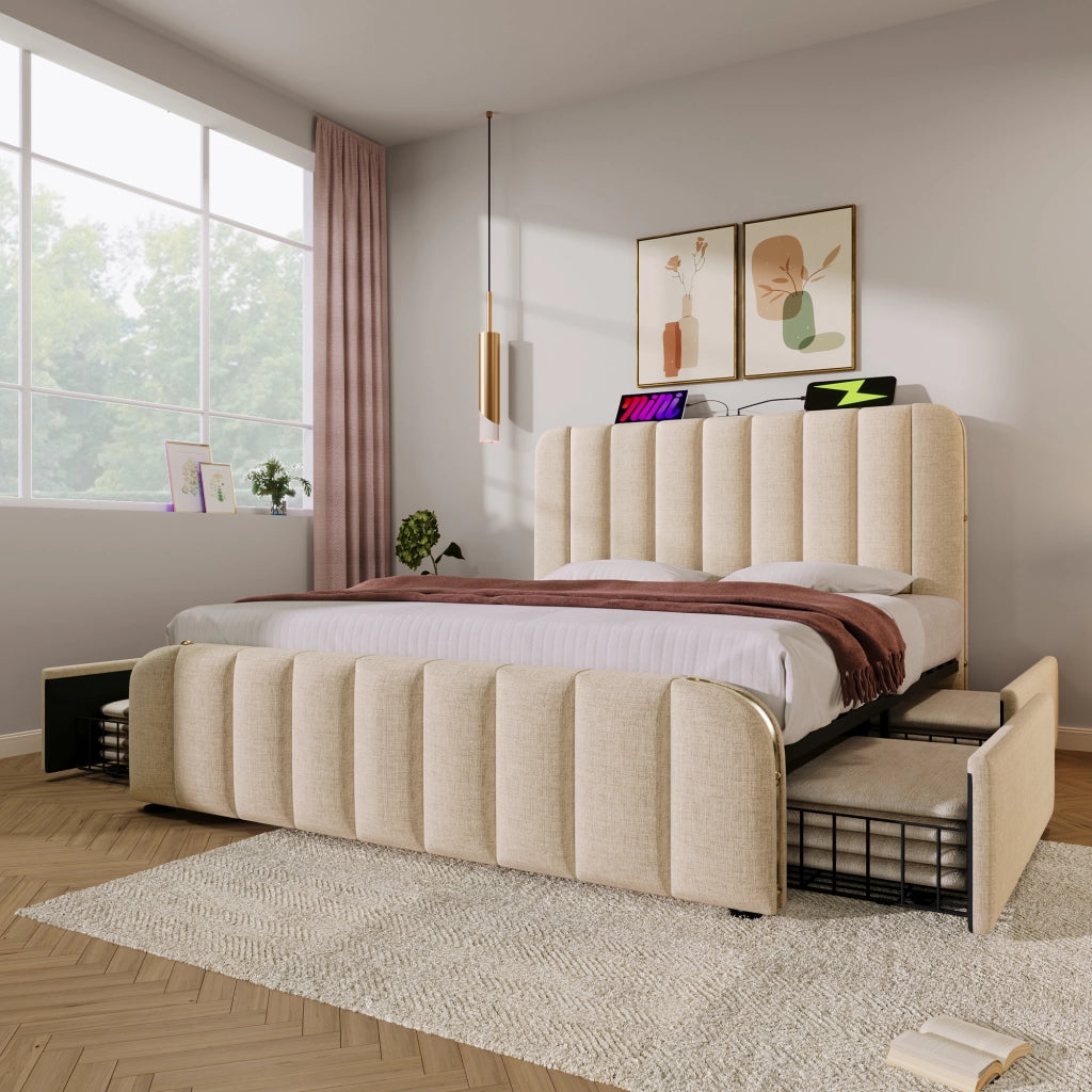 Letto contenitore matrimoniale 160×200 cm con 4 cassetti; USB Type-C e testiera imbottita; materasso incluso; beige