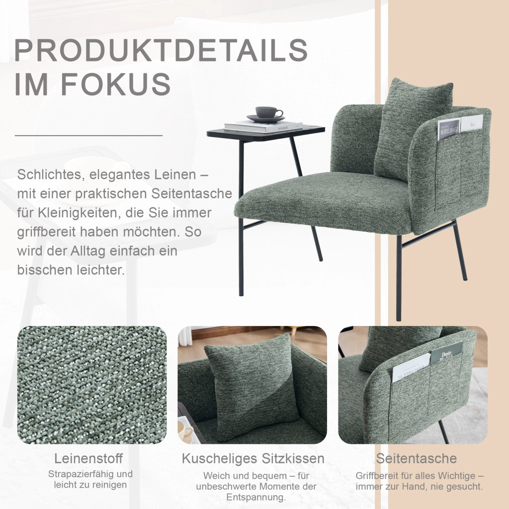 Fauteuil con tavolino laterale e tasche portaoggetti, seduta imbottita in ciniglia verde smeraldo 86 × 72 × 71 cm