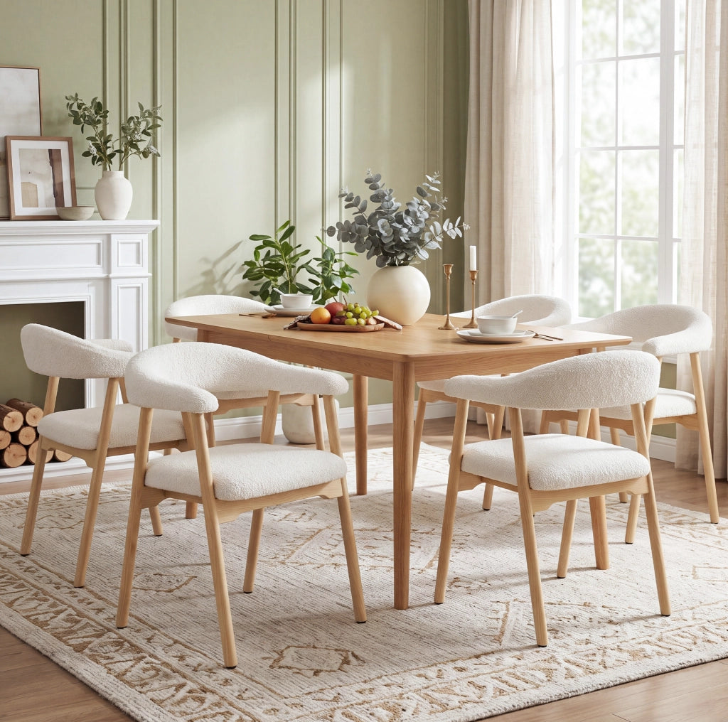 Set di 2 sedie da pranzo 78.99x58.5x29.11 cm con schienale ergonomico C in bouclé; legno naturale