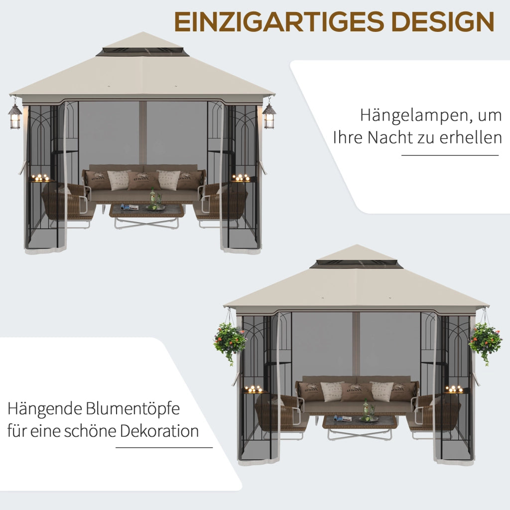 Gazebo da giardino con doppio tetto e 4 pareti laterali ¨C zephmum ¨C metallo e poliestere beige 299x299x274 cm