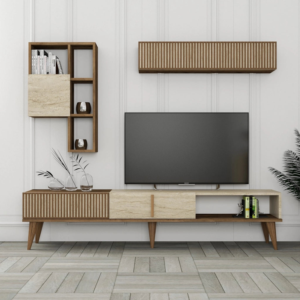 Porta TV in legno "Milan" - 180 x 35 x 40 cm - Noce, Travertino