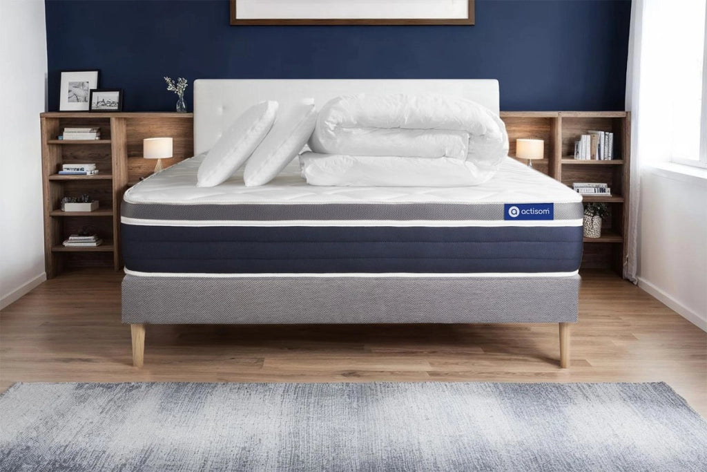 Pacchetto letto completo - Materasso 140x190cm + Box spring con doghe (in kit) + 2 cuscini + Piumino - Actiflex Confort