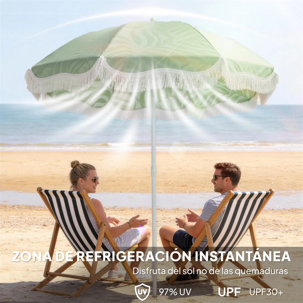 Ombrellone da Spiaggia con Frange ¨C Xylo ¨C Verde ?180cm UPF30+ Regolabile Inclinabile con Borsa