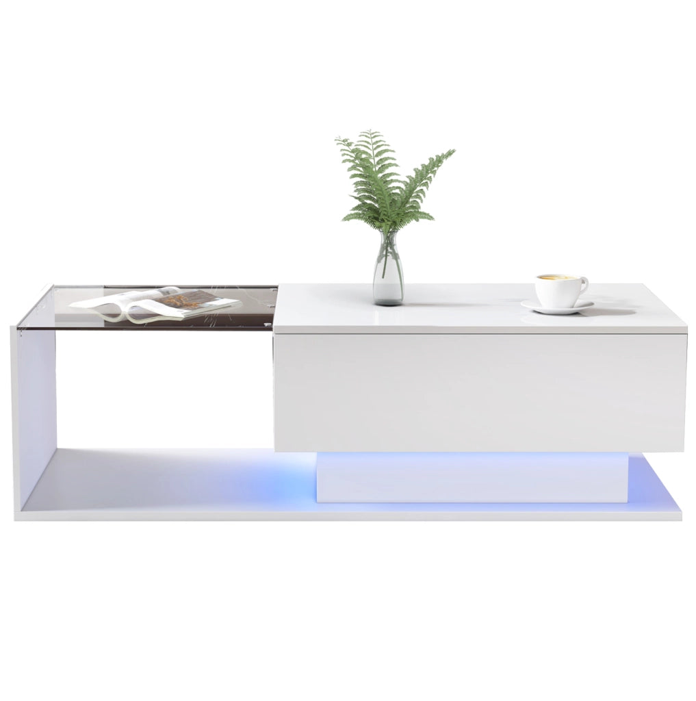 Tavolino da salotto moderno 100x50x32 cm bianco lucido con piano in vetro; cassetto e LED