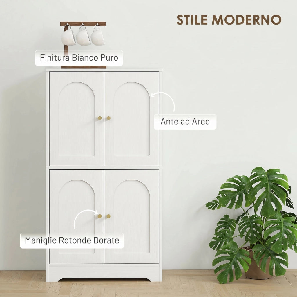 Credenza da Cucina 60x30x110 cm con 2 Armadietti 4 Ante 2 Ripiani Regolabili in Legno Bianco