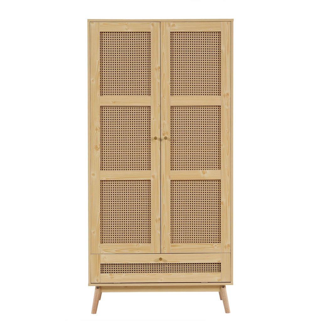 Armadio Camera da Letto 90×45×183 cm con Porte in Rattan; Barra Porta Abiti e Spazio Salvaspazio Inferiore