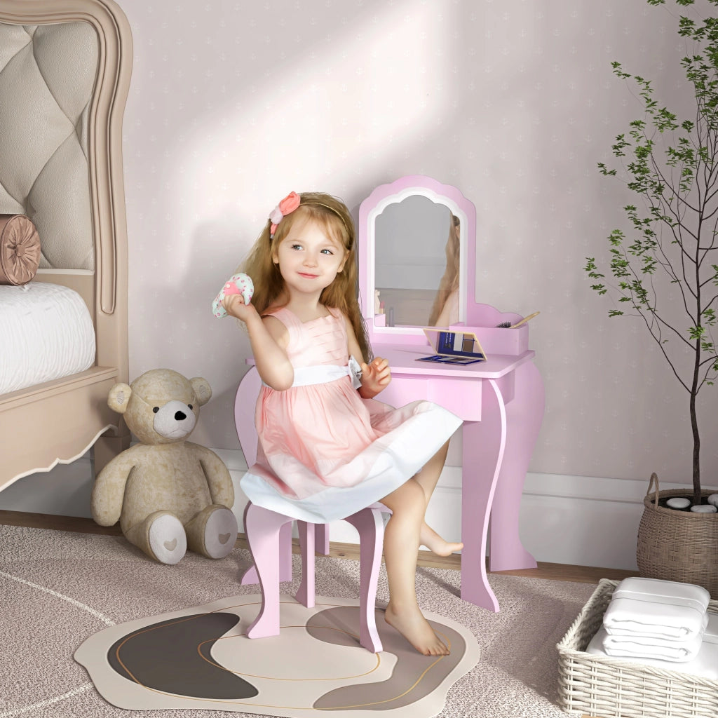 Toeletta con Specchio e Sgabello ¨C Xylo ¨C Legno Rosa con Cassetto