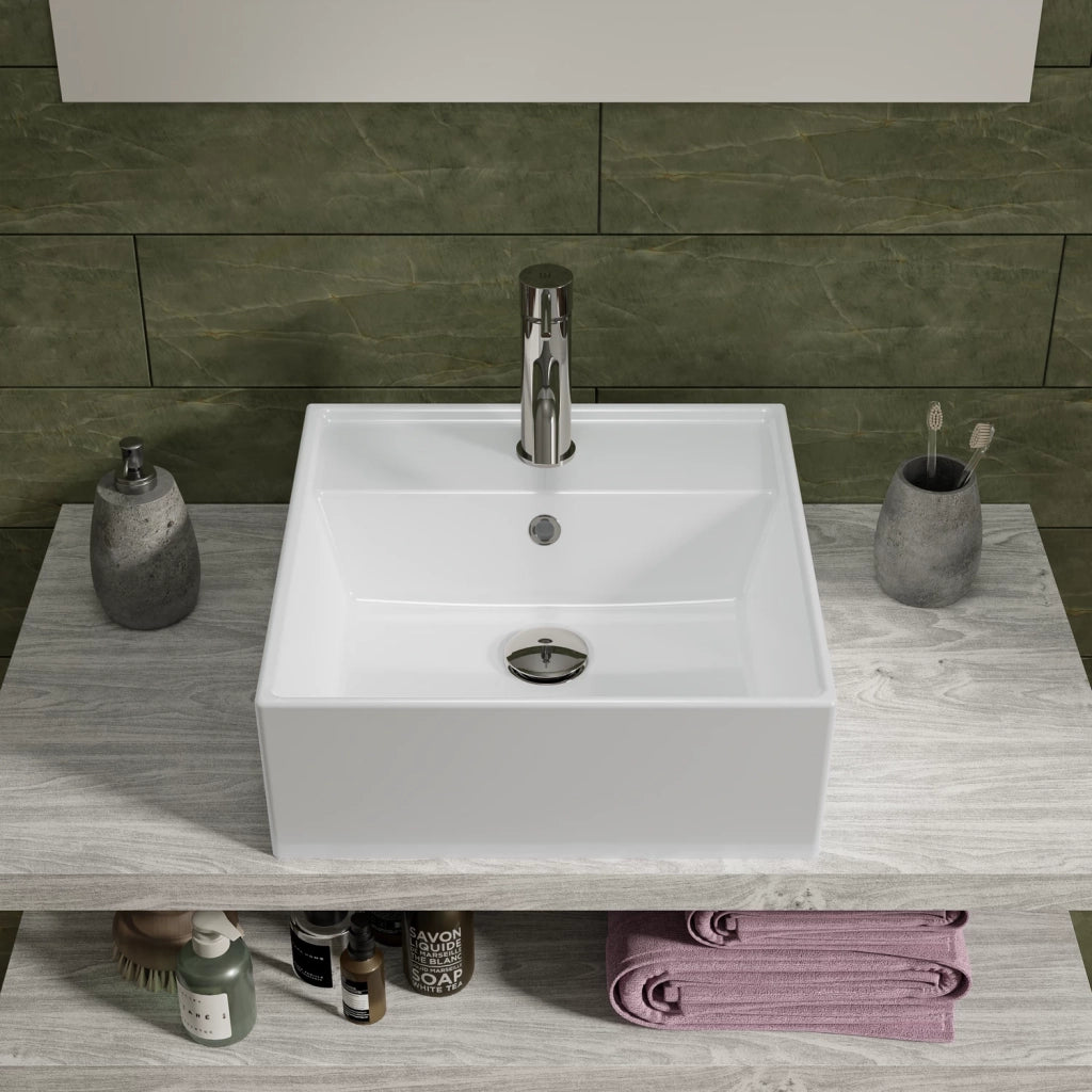Lavabo da appoggio quadrato con troppopieno 40x40x14,5 cm Bianco